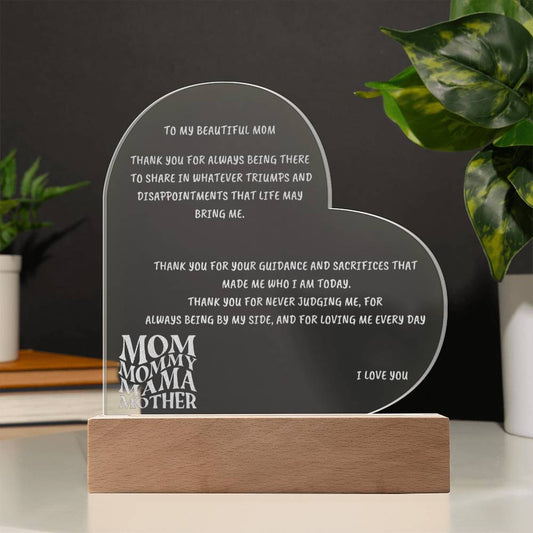 Engraved acrylic heart plaque with 'To My Beautiful Mom' sentiment - a sentimental jewelry gift0